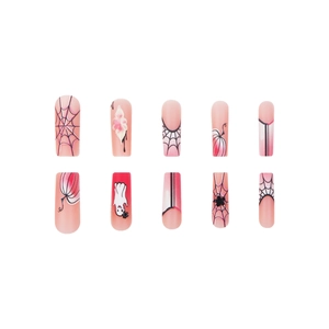 Halloween long press-on nails set featuring spider webs, ghosts, and pumpkin patterns