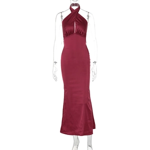 Detail of burgundy satin halter dress with pleated cross neckline and teardrop cutout