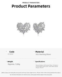 Detail view of S925 silver heart earrings with 5A cubic zirconia and product dimensions