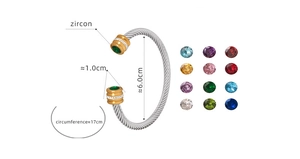 Detailed dimensions of twisting steel bangle with twelve zircon color options