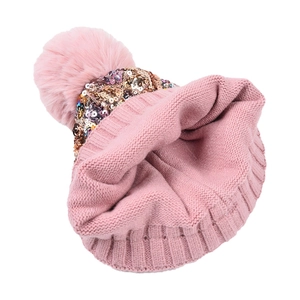 Berretto in maglia rosa con paillettes e pompon rimovibile per autunno e inverno