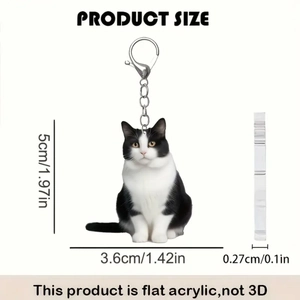 Acrylic tuxedo cat keychain with double-sided design and size dimensions for backpacks