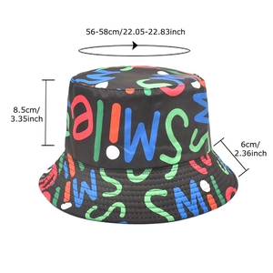 Unisex graffiti bucket hat with colorful letters and detailed size measurements