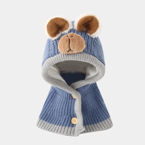 Berretto in maglia per neonati con orecchie da orso e fodera blu per il calore