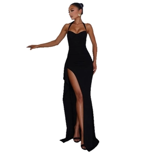 Elegant black halter backless evening dress with slim fit and high slit for women