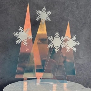 Holographic acrylic tree and white snowflake cake toppers for birthday party decorations