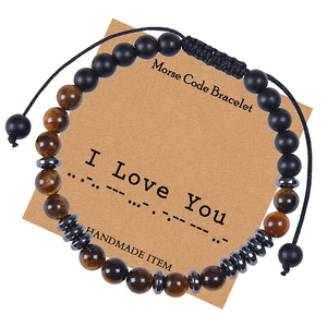 Morse Code Bracelet Handmade Natural Tiger Eye Matte Black Stone Adjustable Braided Rope Jewelry Gift For Men Women
