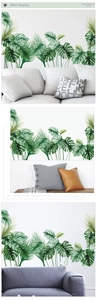 DIY tropical monstera and palm leaf wall stickers shown in various home decor settings
