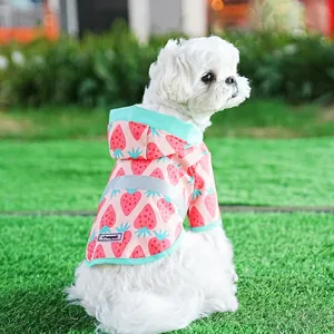Pink strawberry print pet raincoat with reflective stripe and hood for small dogs