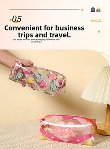 Transparent PVC waterproof toiletry bags with colorful fruit and heart patterns detail