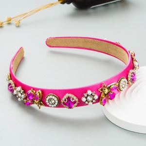 Fuchsia satin headband with crystal rhinestones, pearls and golden bee embellishments