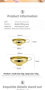 Size chart for golden 430 stainless steel wide mouth canning funnels in small and large