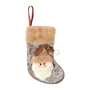 Christmas stocking hanging decor with plush Santa Claus design in champagne gold tones