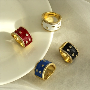 Fashion Wide Band Open Adjustable Ring Copper Enamel Star Micro Pave Zircon Jewelry For Women