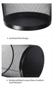 Detail of breathable metal mesh structure and thickened matte black base of the waste bin