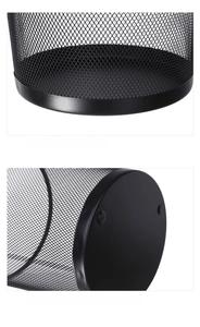 Detail of breathable metal mesh structure and thickened matte black base of the waste bin
