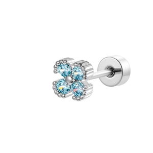 Silver four-leaf clover stud earring with light blue cubic zirconia and flat back