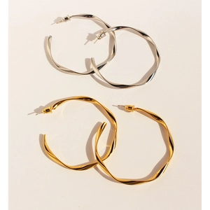 Twisted Hoop Earrings Large Brass Gold Plated With 925 Sterling Silver Earring Post Retro Trendy Geometric Women
