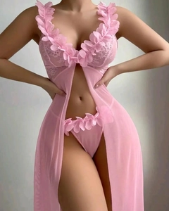 Detailed view of pink sheer mesh nightgown featuring 3D floral lace and split hem design