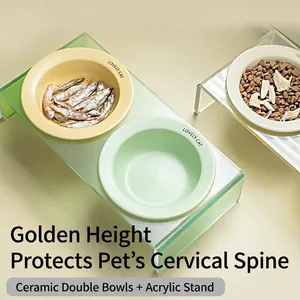 Ceramic pet bowl set with acrylic stand for cats and dogs with a raised neck protection design