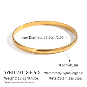 Detail showing dimensions of waterproof gold stainless steel bangle 6.5cm diameter