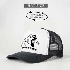 Size chart for black and white trucker hat featuring bear and star graphic prints