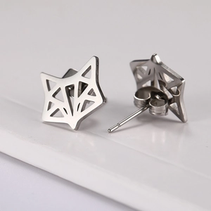 Minimalist silver fox head hollow earrings made of polished stainless steel for women