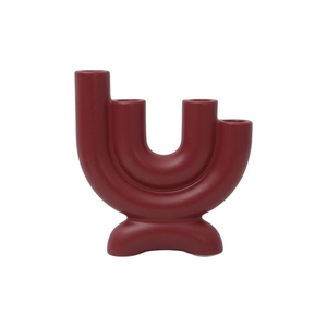Modern red matte ceramic U-shaped multi-head candle holder with a tiered design
