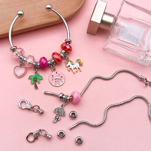 DIY Bracelet Making Kit Silver Color Copper Alloy Bangle Snake Chain With Unicorn Heart Charms For Kids Girls Creative Jewelry