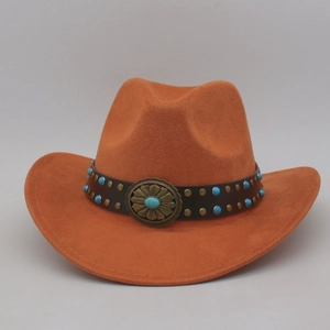 Chapeau de cowboy en daim rouge brique avec bande de perles turquoise et boucle en métal