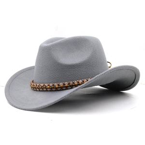 Western light grey wool felt cowboy hat with woven band and wooden beads decoration