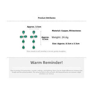 Detailed view of long green crystal drop earrings with size and weight specifications
