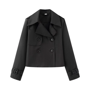 Women's black short double-breasted trench coat with wide lapels and buttoned cuffs