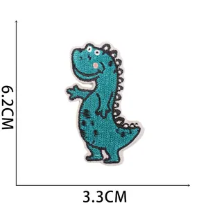 Detail of blue cartoon dinosaur embroidery patch with dimensions 6.2cm and 3.3cm
