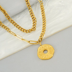 Vintage double layer stainless steel gold daisy necklace with cuban and paperclip chains