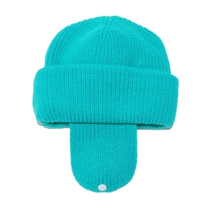 Close-up of turquoise knit hat with thick earflaps and adjustable white buckles