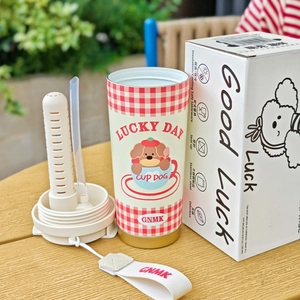 Cartoon stainless steel insulated tumbler with red checkered pattern and lucky dog design