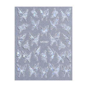 Detail view of 3D laser aurora butterfly and floral nail art stickers model MO387