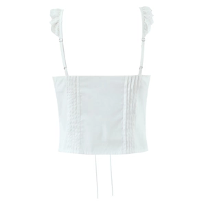 White lace trim camisole top with adjustable straps and vertical pleats for women