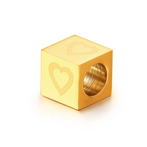 Gold stainless steel cube bead with heart engraving and hole for DIY jewelry making