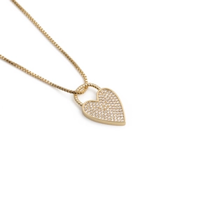 Elegant gold heart pendant necklace with micro-pave crystals on a sleek box chain