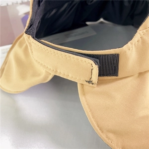 Detail of adjustable velcro strap and neck protection flap on khaki sun hat