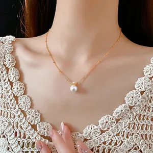 Elegant Round Imitation Artificial Pearl Pendant Necklace For Women Gold Plated Copper Satellite Bead Clavicle Chain French Vintage