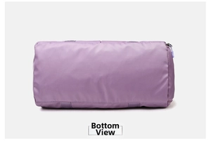 Flat view of the reinforced bottom of purple cylinder gym bag in waterproof nylon fabric