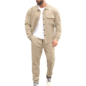 Men's casual long sleeve beige waffle texture shirt jacket and drawstring pants set