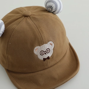 Brown baby baseball cap with cute bear embroidery and striped cartoon ears decoration