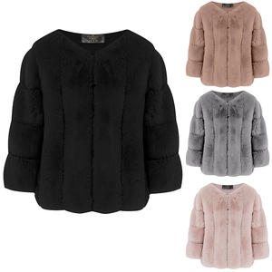 Short faux fur jacket for women with V-neck and 3/4 sleeves in various elegant colors