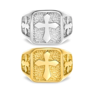Cross signet rings in gold and silver steel with hammered square tops and religious symbols