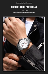 Men's business quartz watch with silver steel strap and white dial worn by model