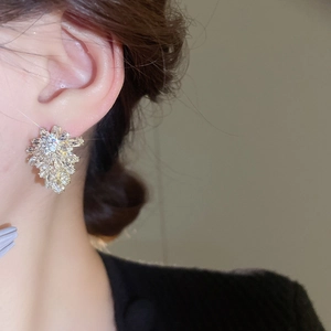 Macro shot of silver leaf earrings with shimmering cubic zirconia on model's ear
